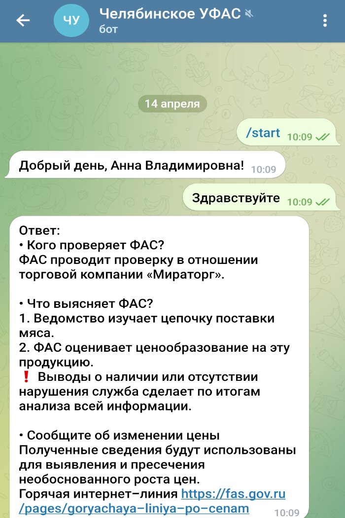 Челябинское УФАС запустило чат-бот в Telegram